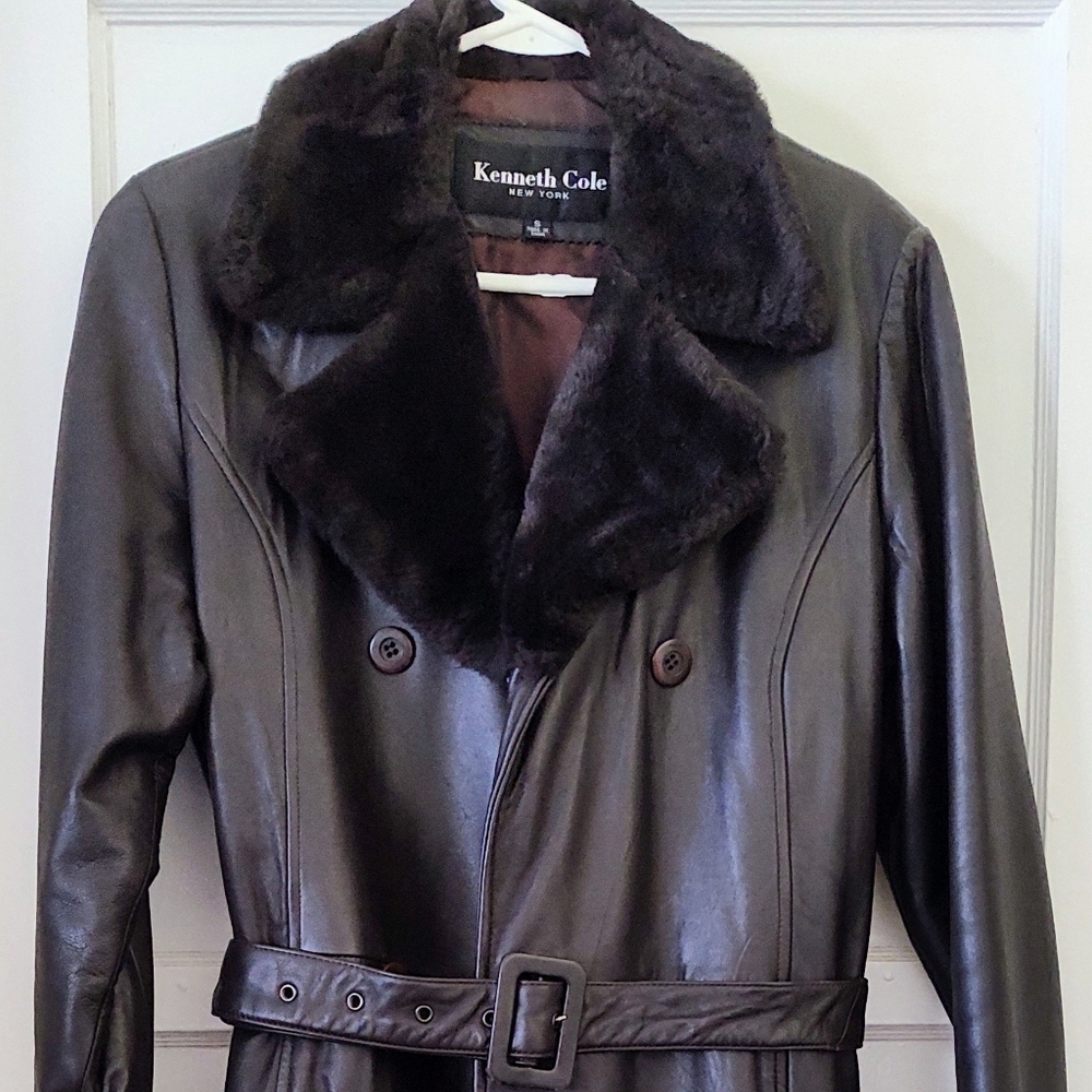 Brown Leather Double-Breasted Coat